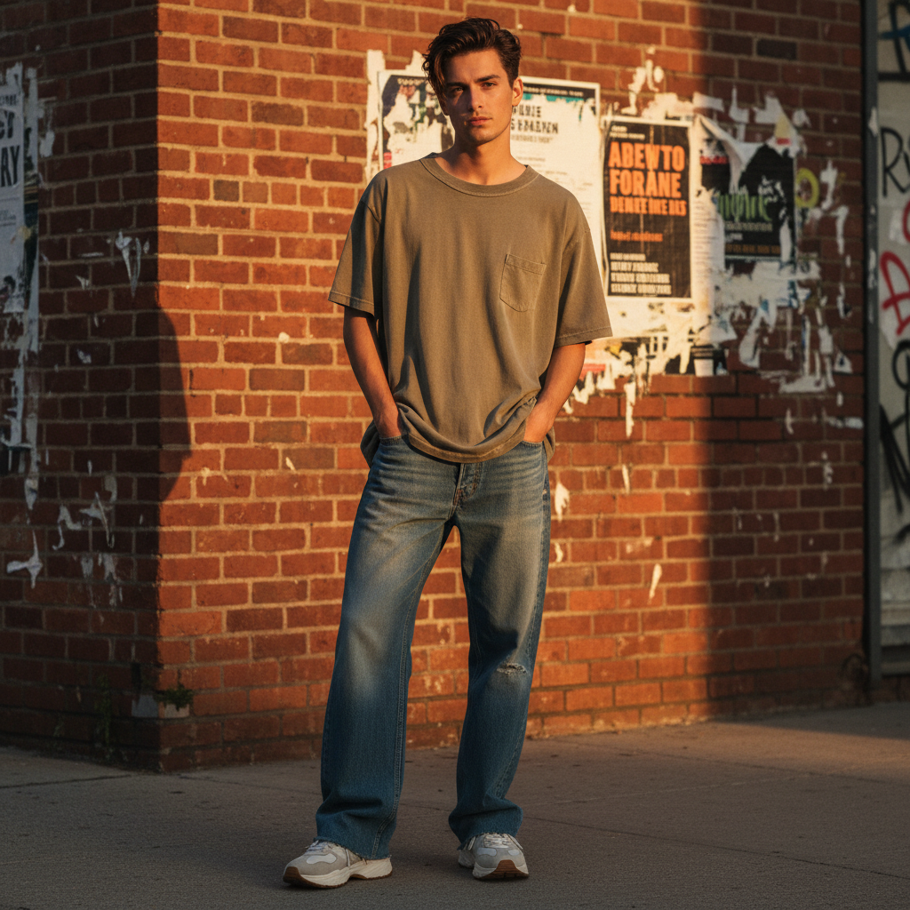 Young adult wearing vintage faded wash oversized tee in earthy khaki, urban outdoor setting, golden hour light