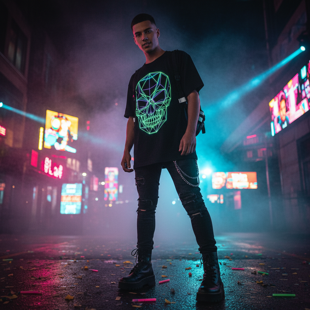 Young adult wearing black glow-in-the-dark oversized graphic tee at a festival, neon lights, dark moody atmosphere