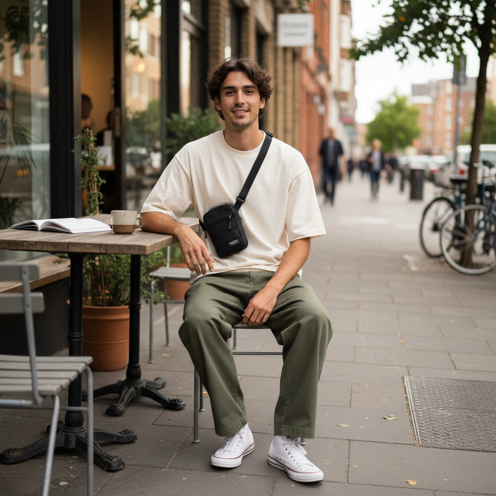 Young adult wearing a classic unisex crew neck t-shirt in a minimal urban setting